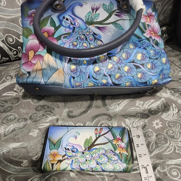 Anuschka Midnight Peacock Purse And WalletHandpainted Genuine Leather